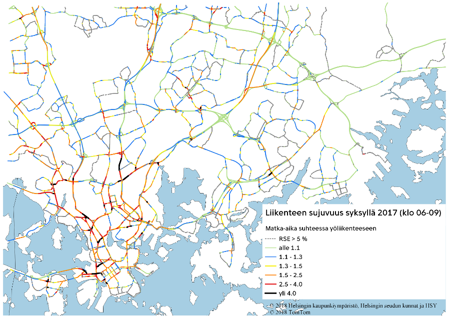Autoliikenteen sujuvuus Helsingissä syksyllä 2017 klo 06-09 