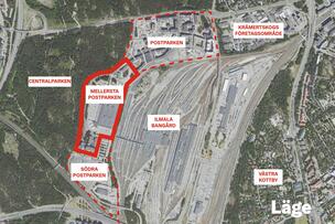 Läget för Mellersta Postparken är markerad på kartan.