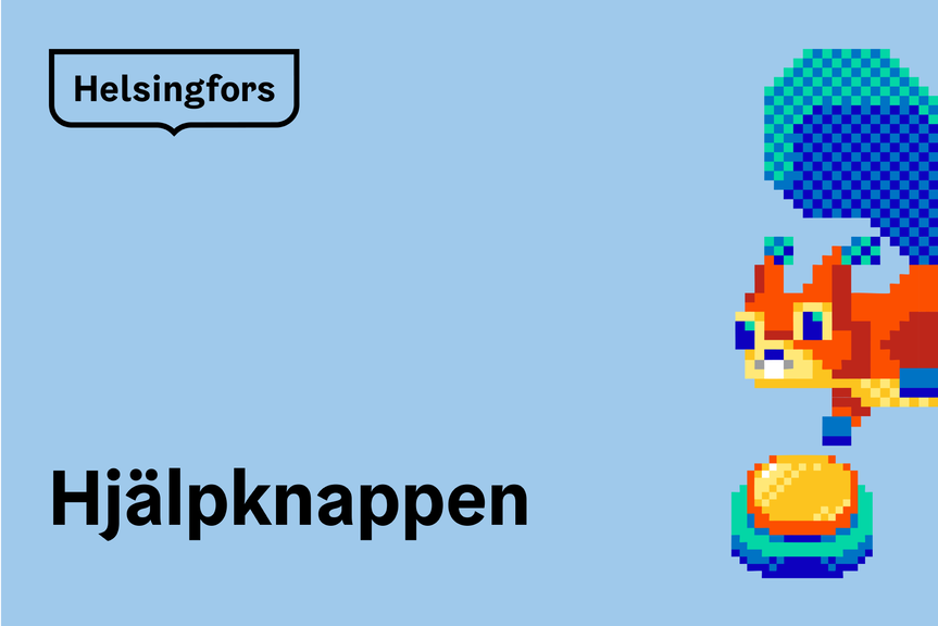 En tecknad ekorre som pekar på en knapp.