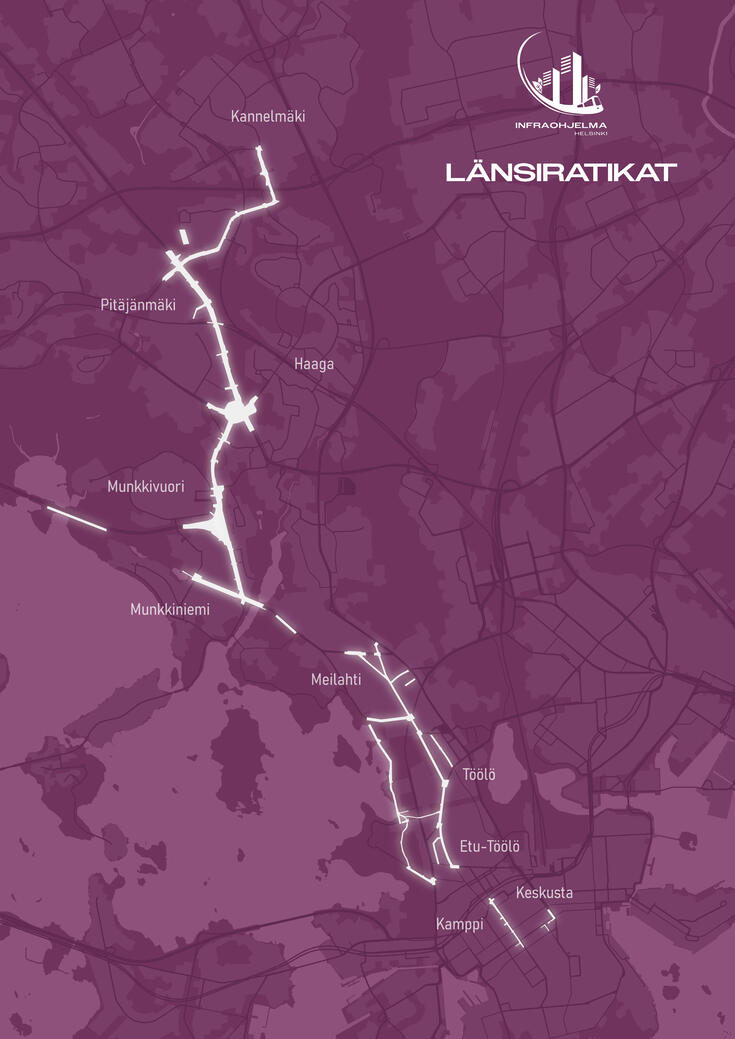 Ilmakuva, johon on sovitettu raitiolinjan reitti.