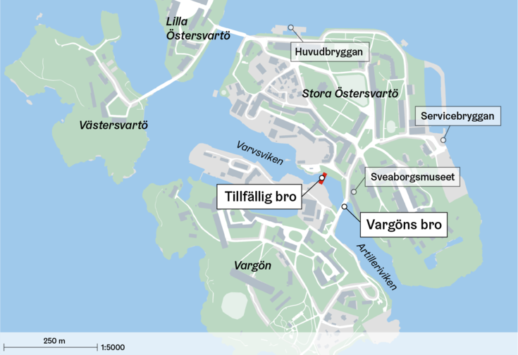 Tillfällig bro och Vargöns bro på kartan